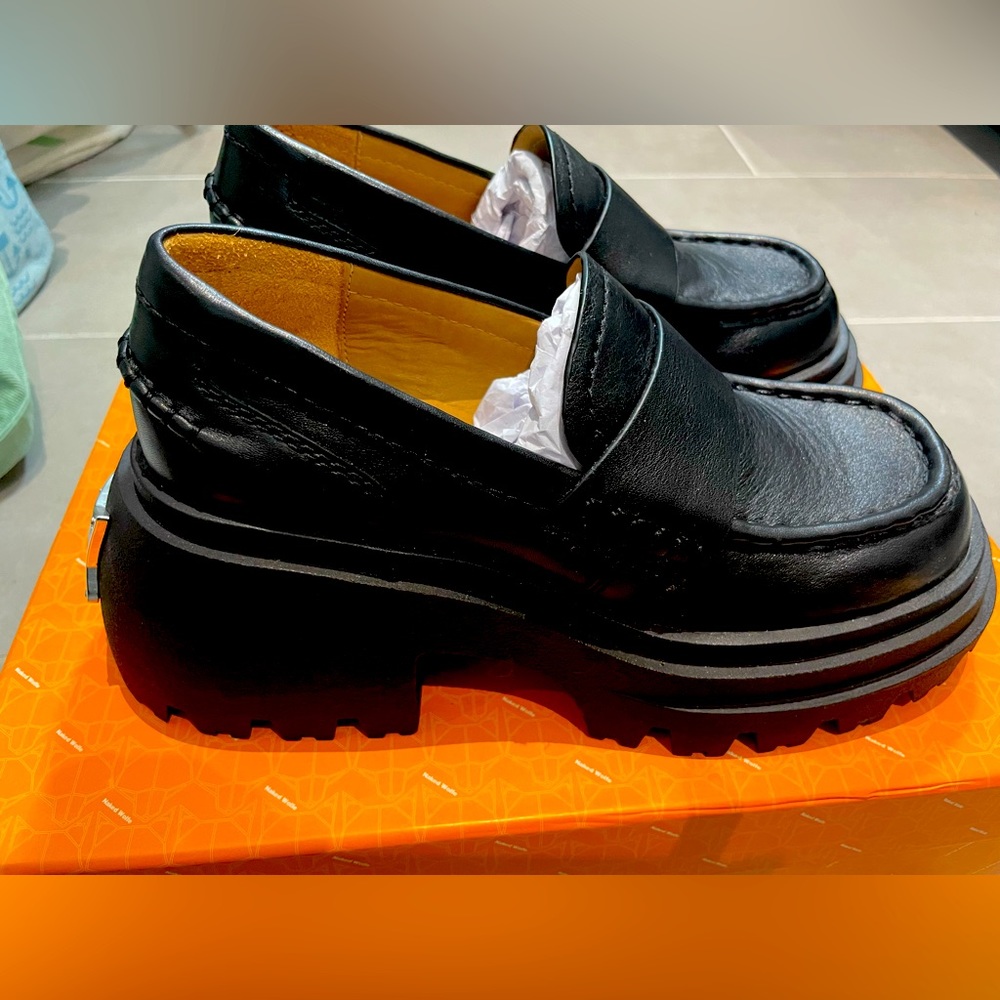 Brand-New Naked Wolfe Swish Black Leather Loafer, US women size 6